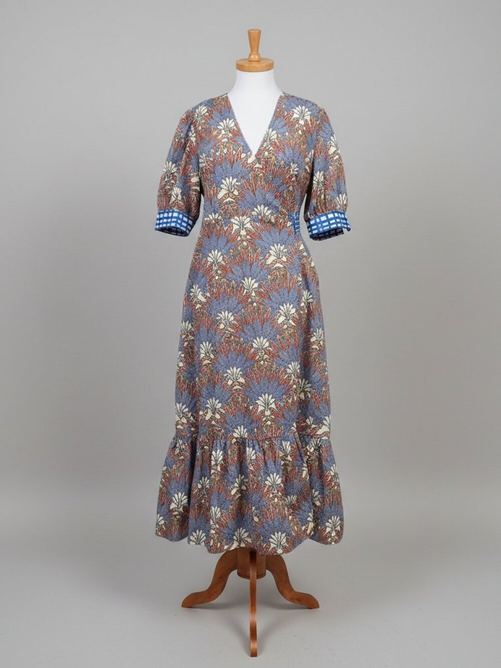 Marie Oliver blue and pink floral and gingham Rhett dress, Size M